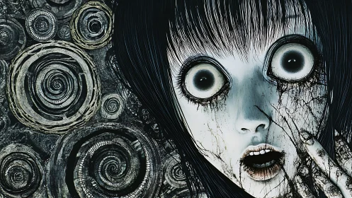 Horror anime girl with spiraling void eyes and cracked skin.