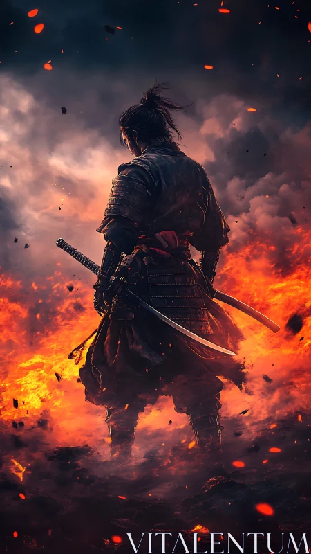 Samurai warrior standing in armor amid dense surrounding fire.
