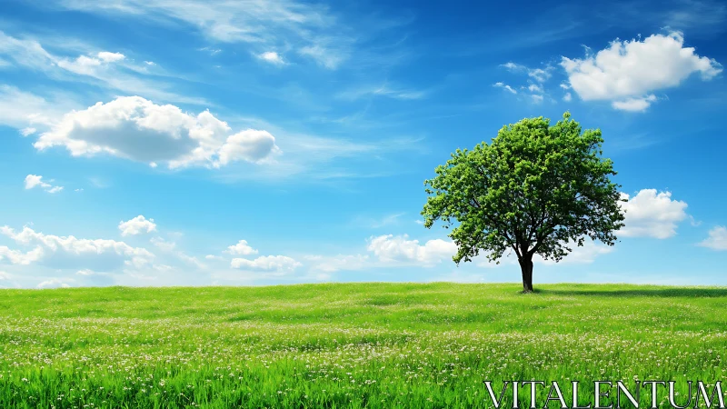Lone tree in vibrant green field under bright blue sky, realistic style.