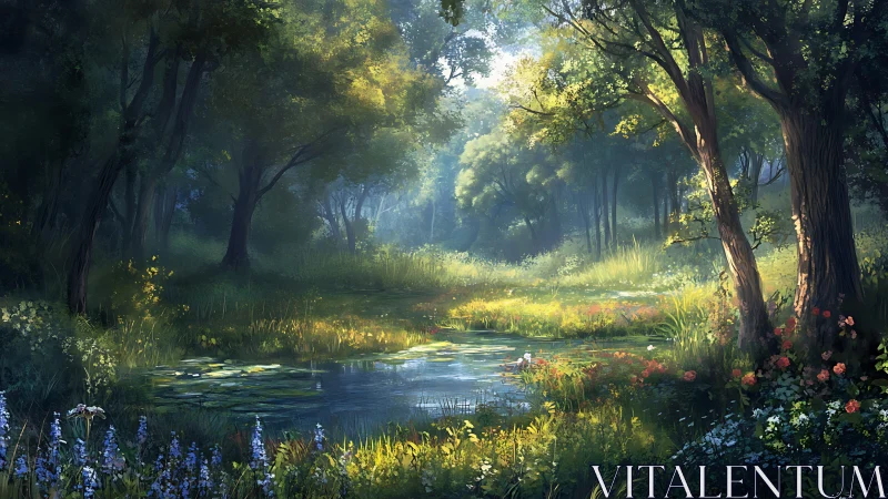 Forest Stream at Golden Hour: Luminous Deciduous Corridor with Aquatic Foreground