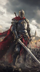 Armored medieval knight with red cloak on battlefield.