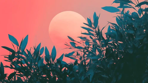 Dreamy sunset glowing behind tranquil leafy silhouettes.