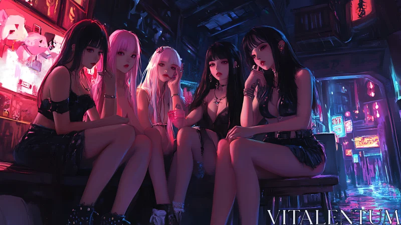 Neon-lit street idols in cyberpunk alleyway lounge scene.
