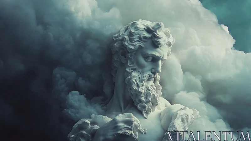 Marble bearded deity bust emerges from volumetric storm clouds