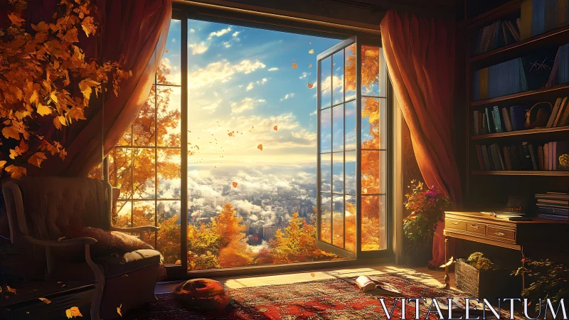 Cozy autumn study overlooking luminous cloud cityscape.