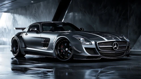 Midnight silver supercar prowls a mirrored futuristic lair.