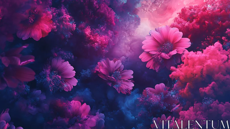 Pink Daisies Dissolve Through Purple Particle Clouds.