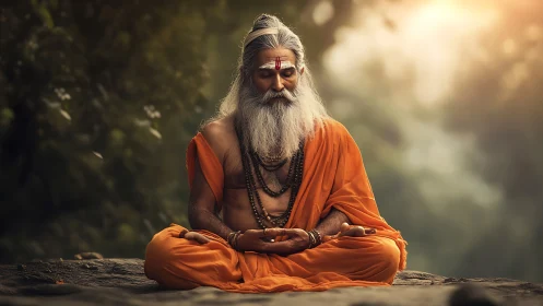 Meditating sage in orange robes under warm forest light.
