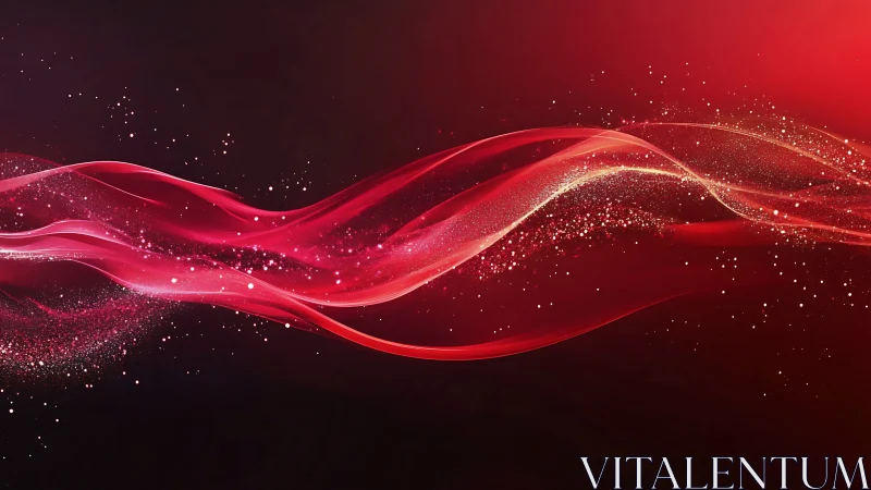 Red luminous waveforms with particle trails on dark field.