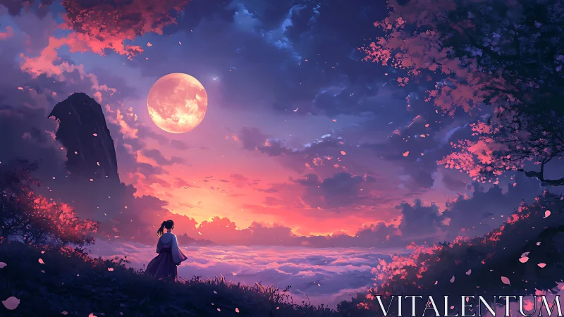 Moonlit sakura horizon over clouds in vivid dusk palette.