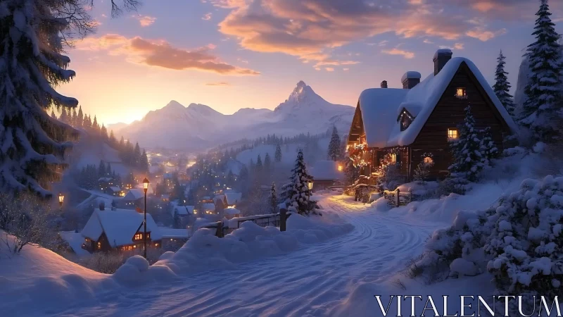 Snowy mountain village glows warmly under a gentle sunset