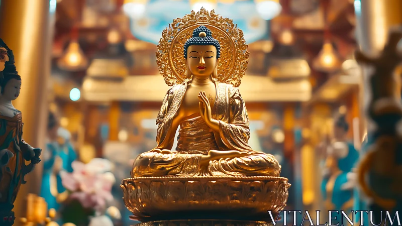 Golden Buddha statue in ornate temple interior setting.