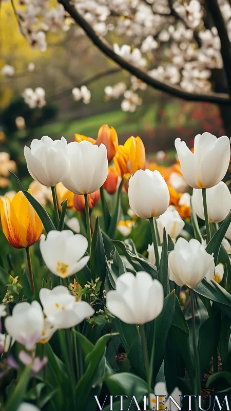 White and Orange Tulips in Spring Garden