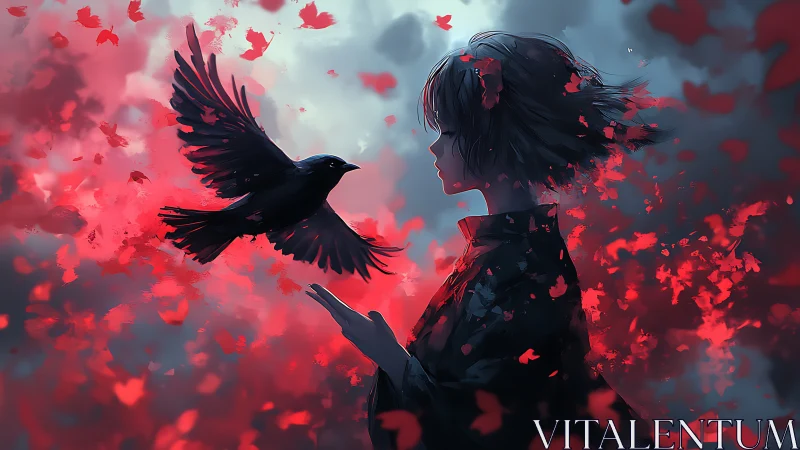 Silhouetted girl and crow intersect amid turbulent red petals