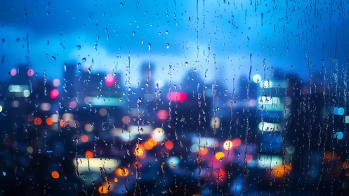 Rain-streaked window overlooks neon city lights at dusk