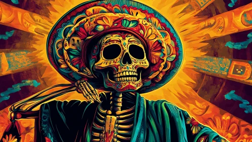 Vibrant calavera portrait in radiant Mexican folk palette.
