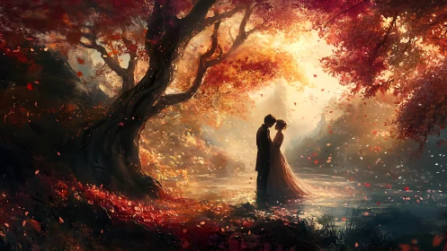 Couple Embracing Under Fiery Autumn Tree
