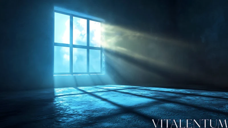 Volumetric sunlight through grid window in dark chamber.