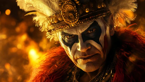 Intense costumed man in feathered crown and face paint.
