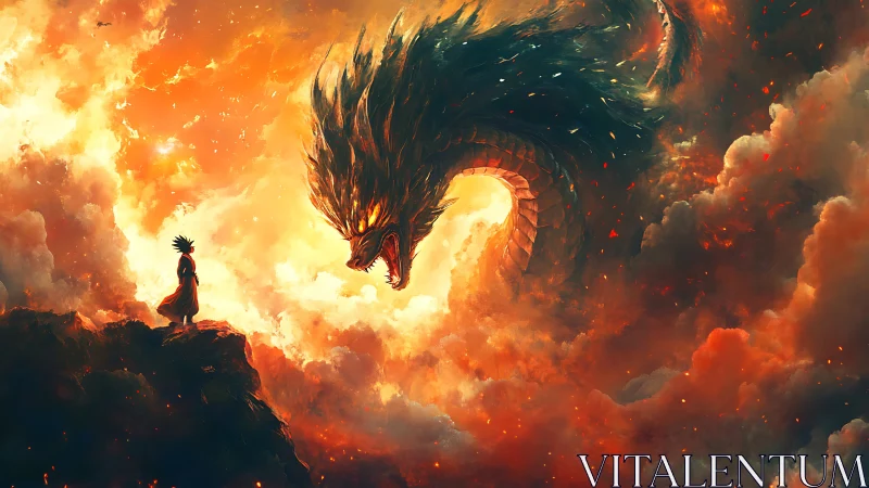 Child confronts massive fiery dragon in storming sky