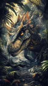 Predatory dinosaur stalks sunlit prehistoric jungle stream.