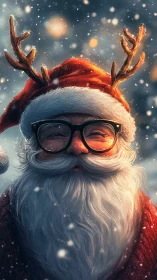 Whimsical Santa portrait with antler hat and snowfall glow.
