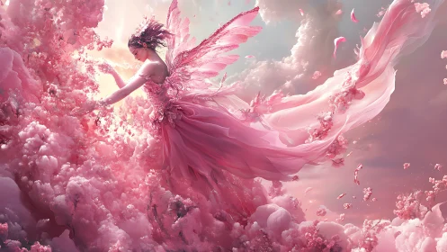 Winged celestial figure in pink atmospheric particulate clouds