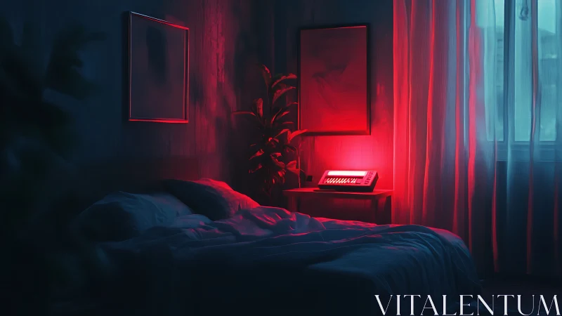 Bedroom interior with red keyboard light and window curtain.