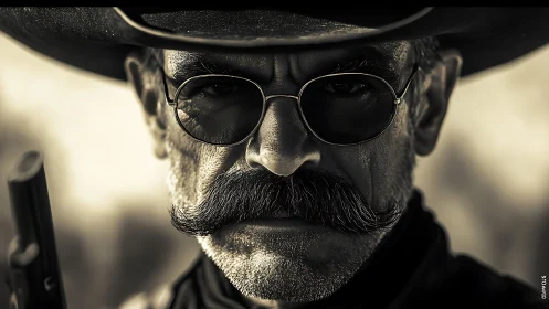 Grim cowboy gunslinger portrait in harsh sepia light.