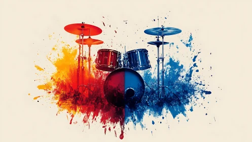 Split-tone drum kit rendered with dynamic paint-splash abstraction