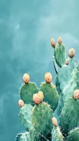Vertical digital study of prickly pear cactus pads with buds