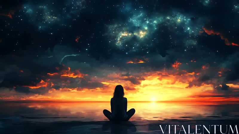 Solitary silhouette watches cosmic sunset over ocean horizon.