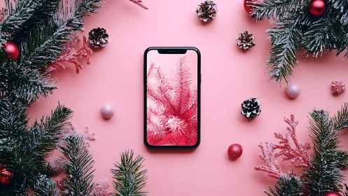 Smartphone with winter branches on pink holiday background.