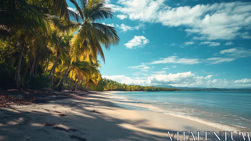 Tropical Beach Paradise. Golden Palm Shadows on Turquoise Shore.