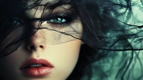 Digital portrait of veiled woman in dramatic close-up framing.