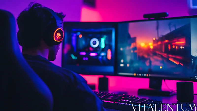 Dual-monitor RGB battlestation with immersive gaming environment.