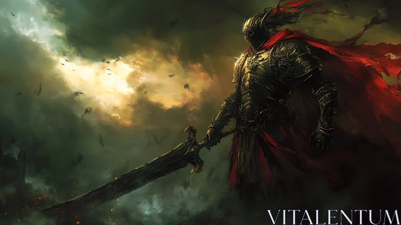 Armored warlord with flaming sword amid stormlit ruins.