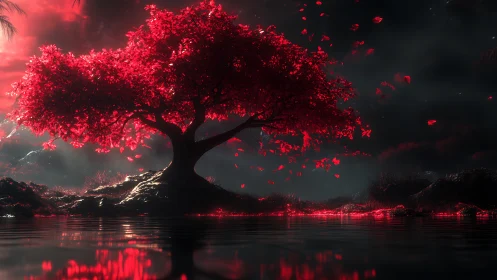 Luminous crimson tree glows over reflective nocturnal water