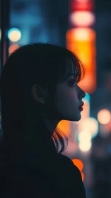 Neon-lit female profile in cinematic cyberpunk portraiture.