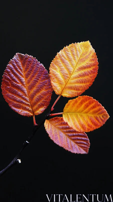 Autumn branch with four colorful leaves on black background.