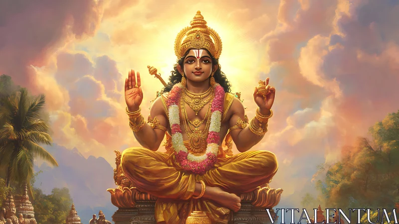 Digital painting of serene deity in golden seated composition.