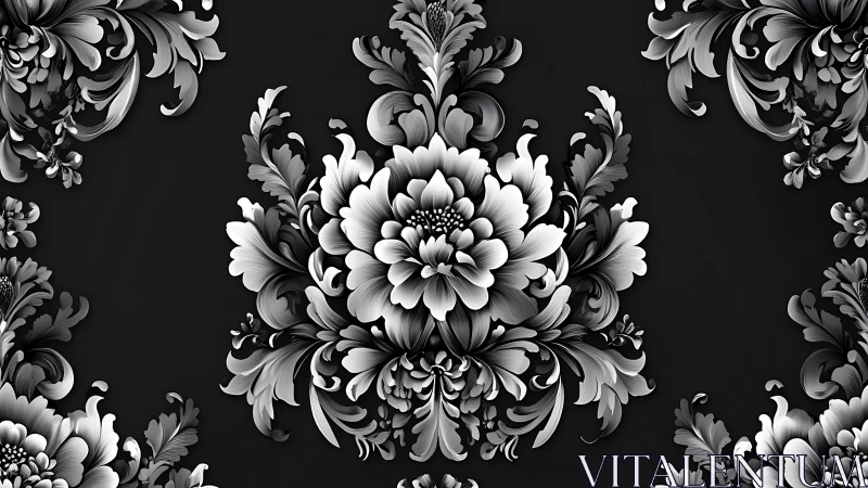Monochrome baroque floral relief with symmetric digital ornamentation.
