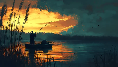 Lone angler casts over molten gold sunset lake horizon.