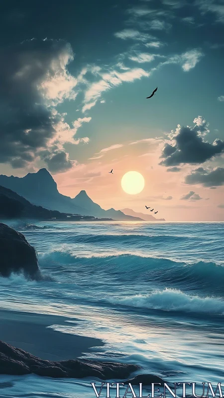 Sunlit ocean waves roll toward rocky shore at dusk