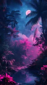 Neon moonlit tropical river under cyan and magenta sky