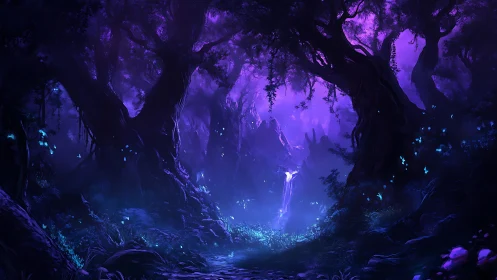 Bioluminescent Cave Grotto with Phosphorescent Flora and Waterfall Illumination