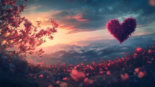 Alpine landscape with floral composition and heart motif.