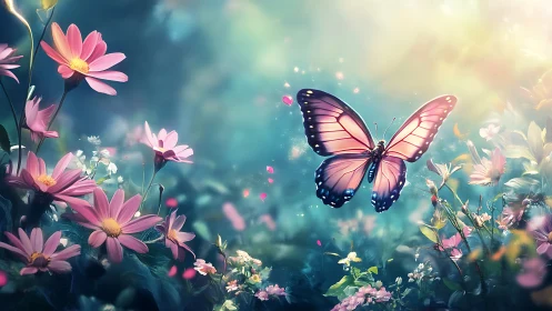 Butterfly hovers centrally within stylized floral environment