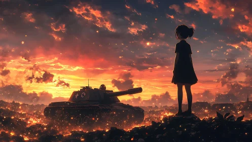 Backlit child silhouette confronts armored tank in burning dusk field