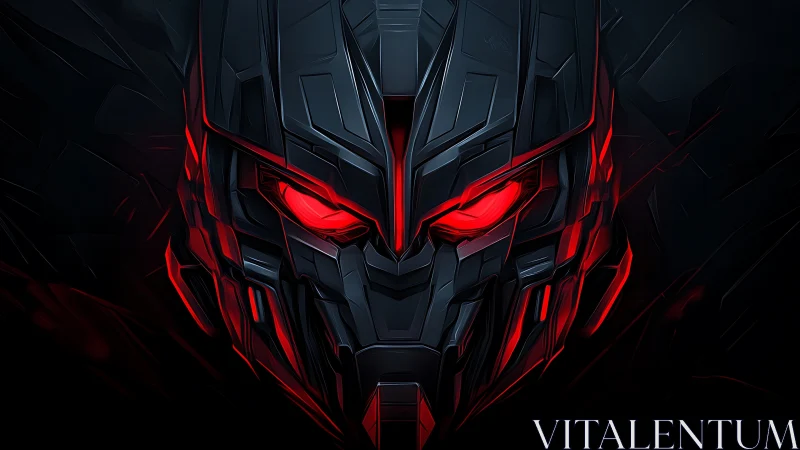 Cybernetic demon mask glows with intense red menace in darkness